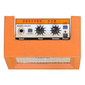 Orange Micro Crush - top view - guitar tuner, volume and tone knobs, guitar input, overdrive toggle, power button